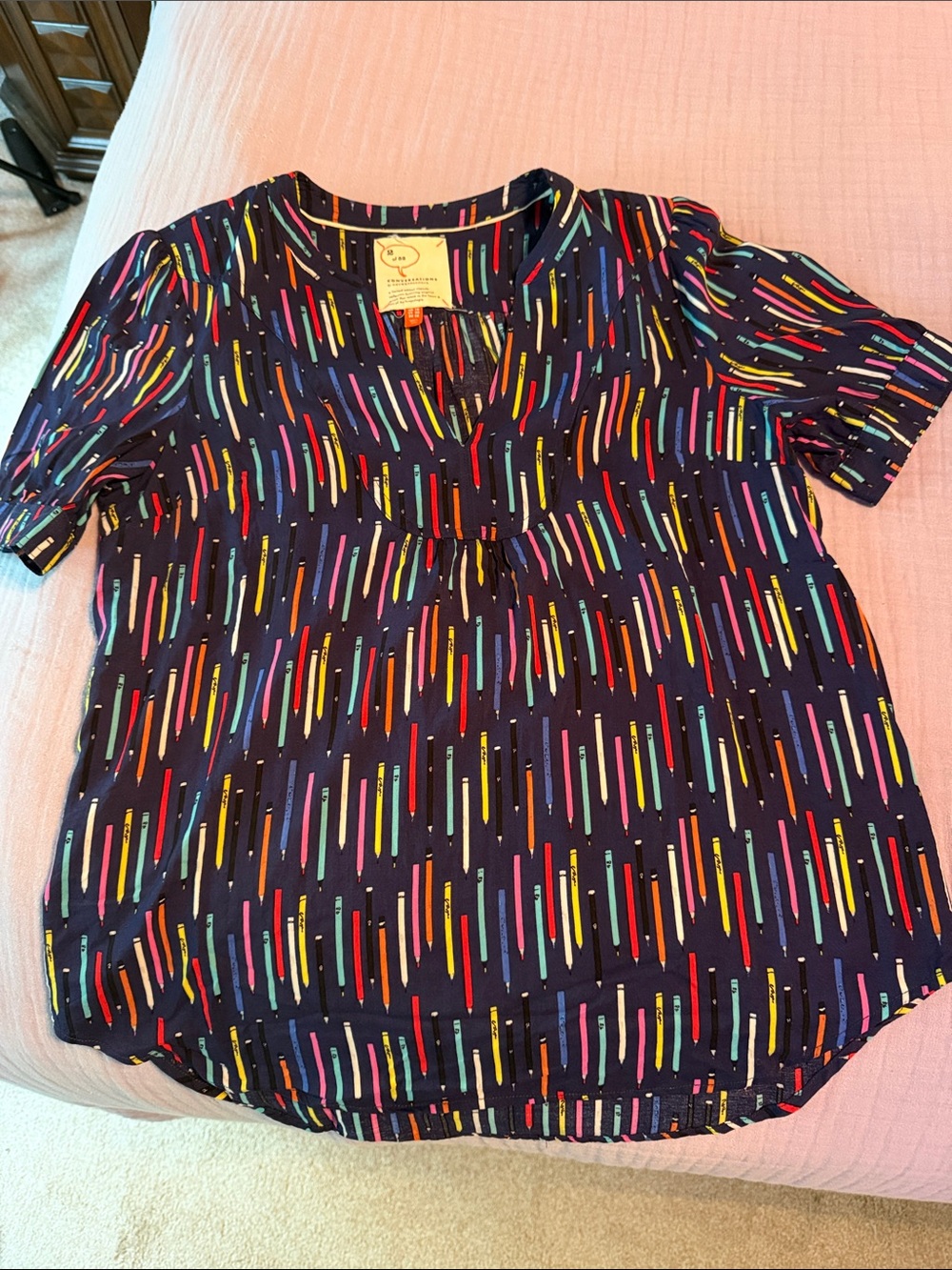 Anthropologie Navy Rainbow Stripe Pencils Short-Sleeve Top